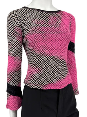 Custo Barcelona Pink & Black Geometric Mesh Knit Top – Size: 1 (Small)