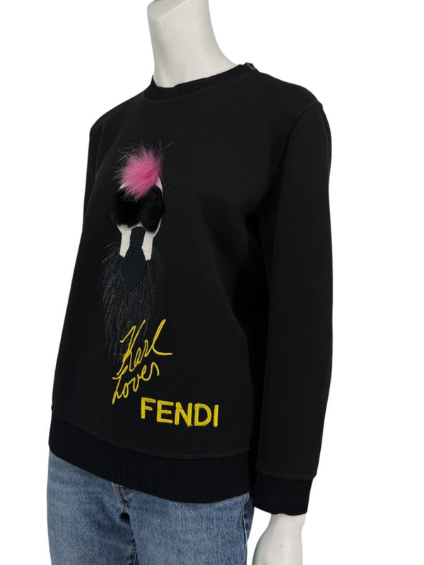 Fendi Karlito “Karl Lover” Fur Embellished Sweatshirt – Black – Size IT 40
