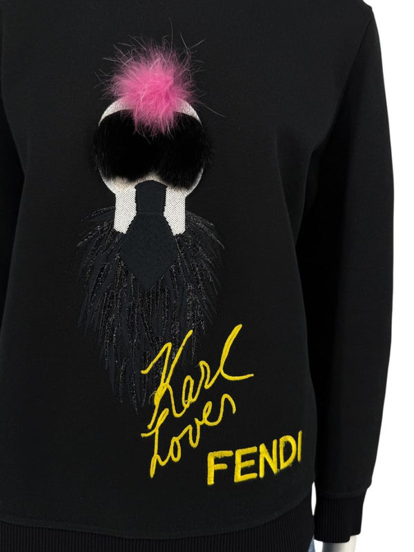 Fendi Karlito “Karl Lover” Fur Embellished Sweatshirt – Black – Size IT 40