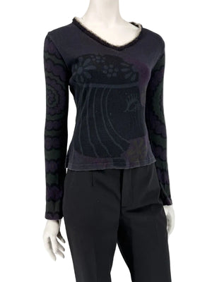 Custo Barcelona Long-Sleeve Graphic V-Neck Top – Size 1 (Small)