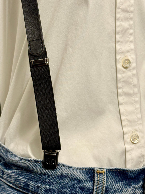 Chanel Black Leather CC Logo Suspenders – Adjustable – Made in France