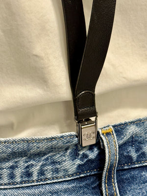 Chanel Black Leather CC Logo Suspenders – Adjustable – Made in France