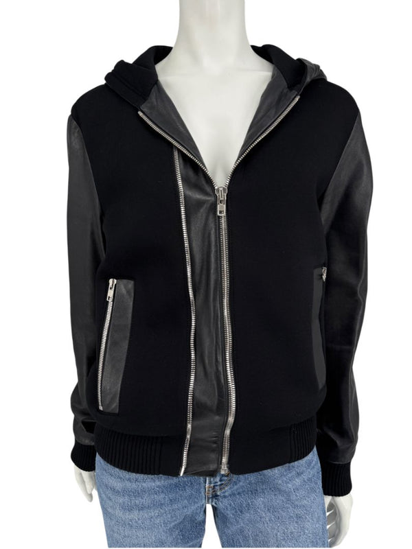 Givenchy Black Leather-Trim Zip Hoodie – Size 46