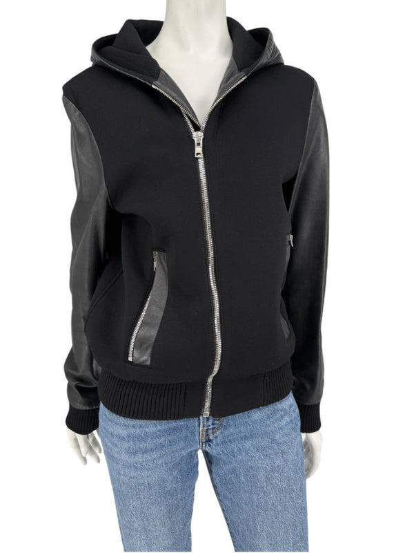 Givenchy Black Leather-Trim Zip Hoodie – Size 46