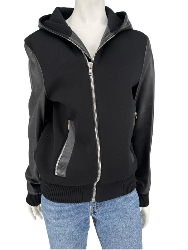 Givenchy Black Leather-Trim Zip Hoodie – Size 46
