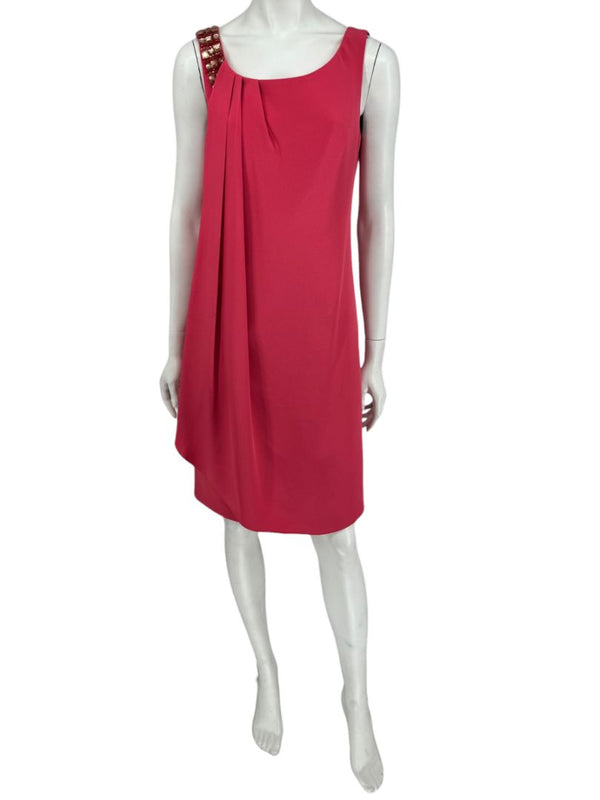 Kay Unger New York Coral Silk Embellished Shoulder Shift Dress – Size 8