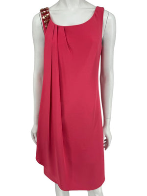 Kay Unger New York Coral Silk Embellished Shoulder Shift Dress – Size 8