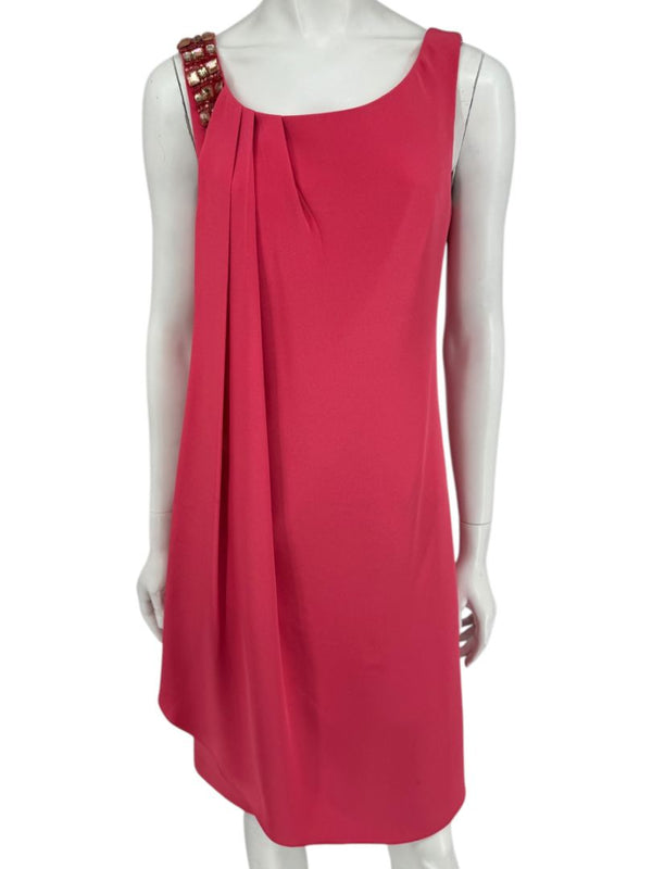 Kay Unger New York Coral Silk Embellished Shoulder Shift Dress – Size 8