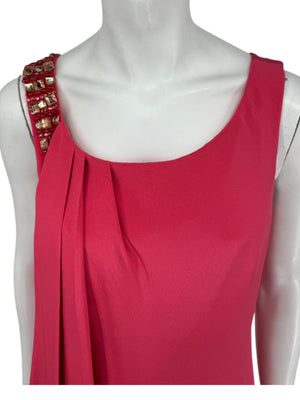 Kay Unger New York Coral Silk Embellished Shoulder Shift Dress – Size 8