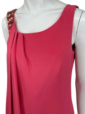 Kay Unger New York Coral Silk Embellished Shoulder Shift Dress – Size 8