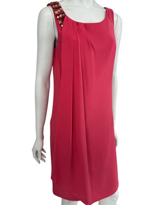Kay Unger New York Coral Silk Embellished Shoulder Shift Dress – Size 8