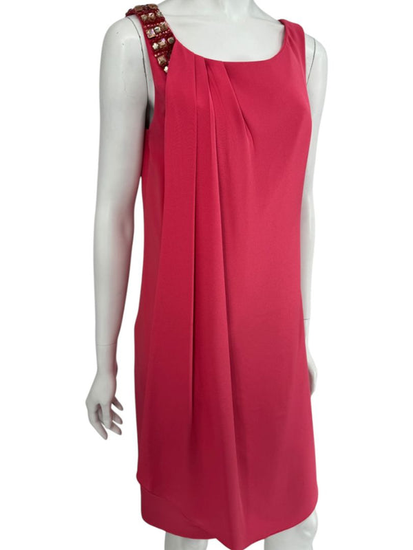 Kay Unger New York Coral Silk Embellished Shoulder Shift Dress – Size 8
