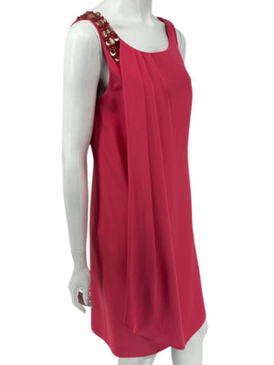 Kay Unger New York Coral Silk Embellished Shoulder Shift Dress – Size 8
