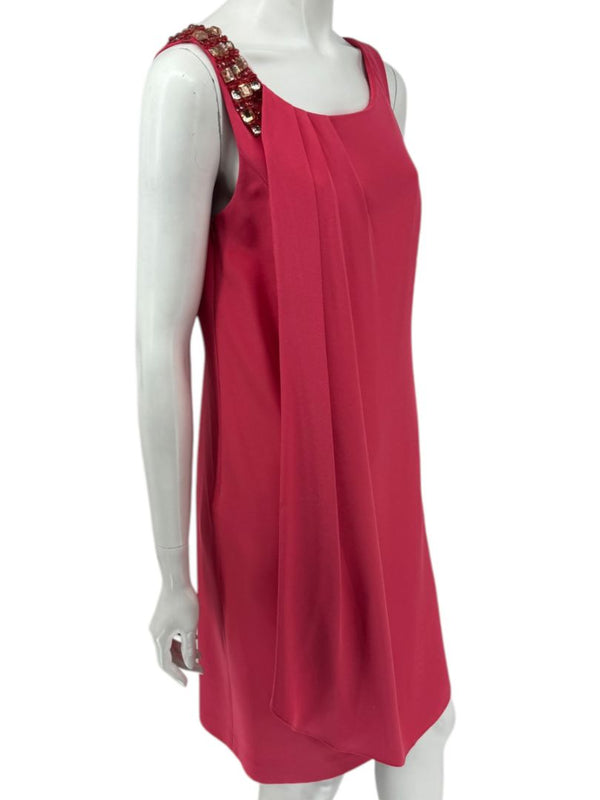 Kay Unger New York Coral Silk Embellished Shoulder Shift Dress – Size 8