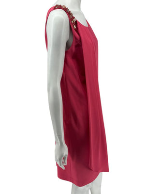 Kay Unger New York Coral Silk Embellished Shoulder Shift Dress – Size 8