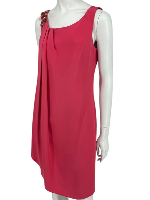 Kay Unger New York Coral Silk Embellished Shoulder Shift Dress – Size 8