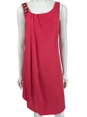 Kay Unger New York Coral Silk Embellished Shoulder Shift Dress – Size 8