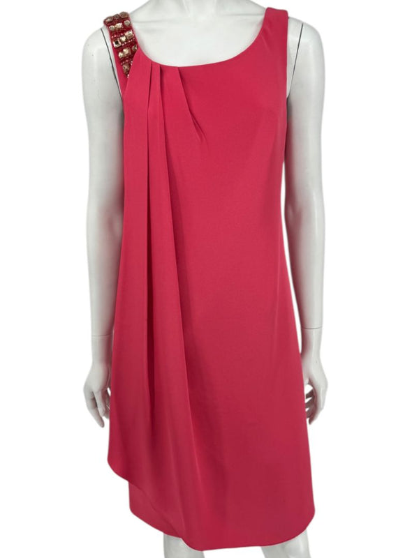 Kay Unger New York Coral Silk Embellished Shoulder Shift Dress – Size 8