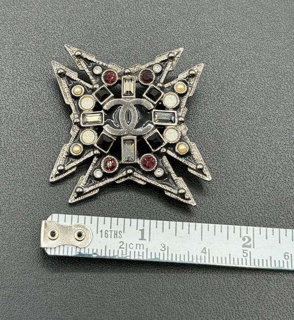 Chanel Strass & Faux Pearl Maltese Cross CC Brooch Pendant