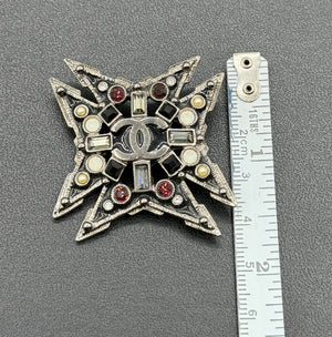 Chanel Strass & Faux Pearl Maltese Cross CC Brooch Pendant