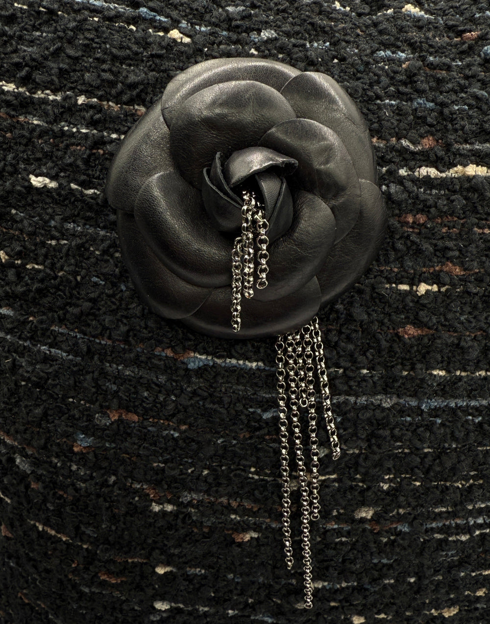 Chanel Black Leather Camellia Chain Fringe Brooch/Pin