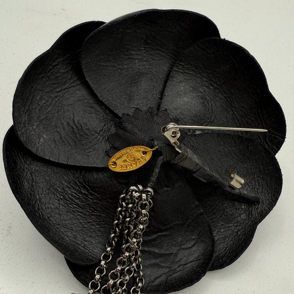 Chanel Black Leather Camellia Chain Fringe Brooch/Pin