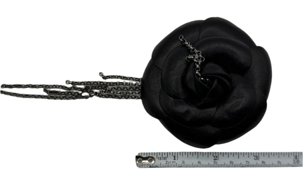 Chanel Black Leather Camellia Chain Fringe Brooch/Pin