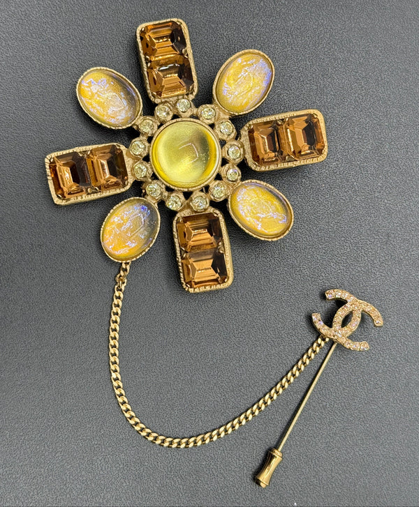 Chanel 2002 Gold, Yellow & Bronze Gripoix CC Brooch/Pin