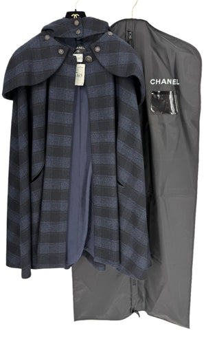 Chanel Navy & Black Plaid Wool Hooded Cape with Logo Buttons – Size FR 44 - *RARE*