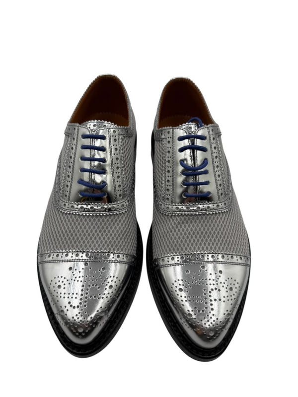John Fluevog Silver Metallic Mesh & Leather Derby Shoes – Men’s Size 7