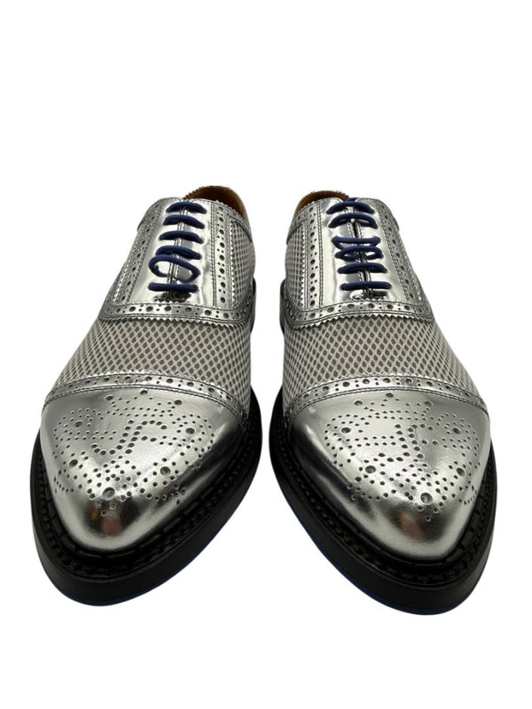 John Fluevog Silver Metallic Mesh & Leather Derby Shoes – Men’s Size 7
