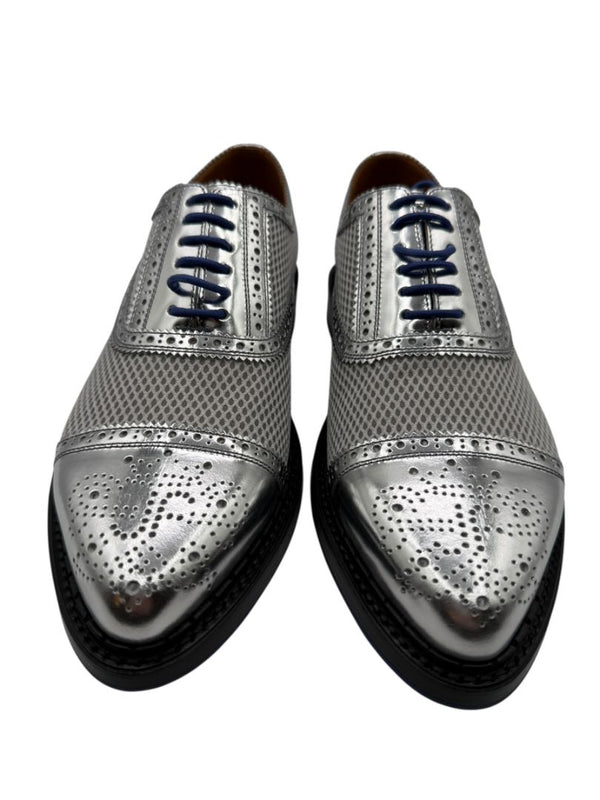 John Fluevog Silver Metallic Mesh & Leather Derby Shoes – Men’s Size 7