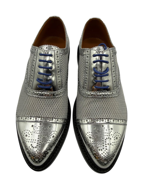 John Fluevog Silver Metallic Mesh & Leather Derby Shoes – Men’s Size 7