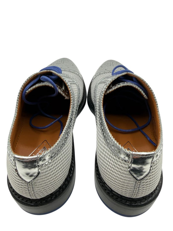 John Fluevog Silver Metallic Mesh & Leather Derby Shoes – Men’s Size 7