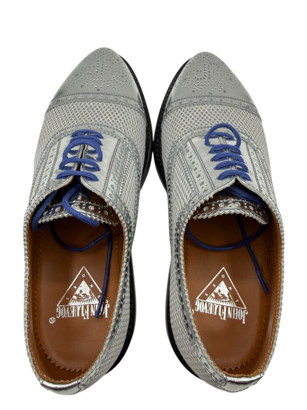 John Fluevog Silver Metallic Mesh & Leather Derby Shoes – Men’s Size 7