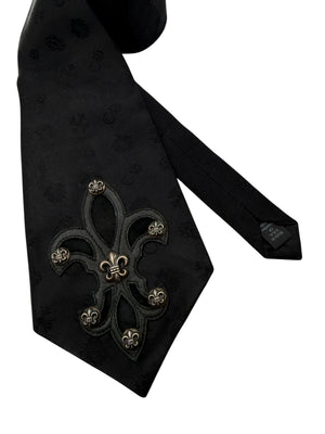 Chrome Hearts Black Silk Fleur-de-Lis Sterling Silver Neck Tie – 4" x 59"