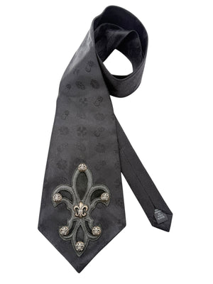 Chrome Hearts Black Silk Fleur-de-Lis Sterling Silver Neck Tie – 4" x 59"