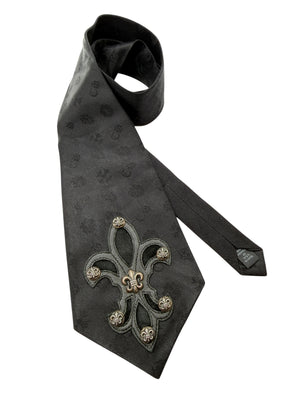Chrome Hearts Black Silk Fleur-de-Lis Sterling Silver Neck Tie – 4" x 59"