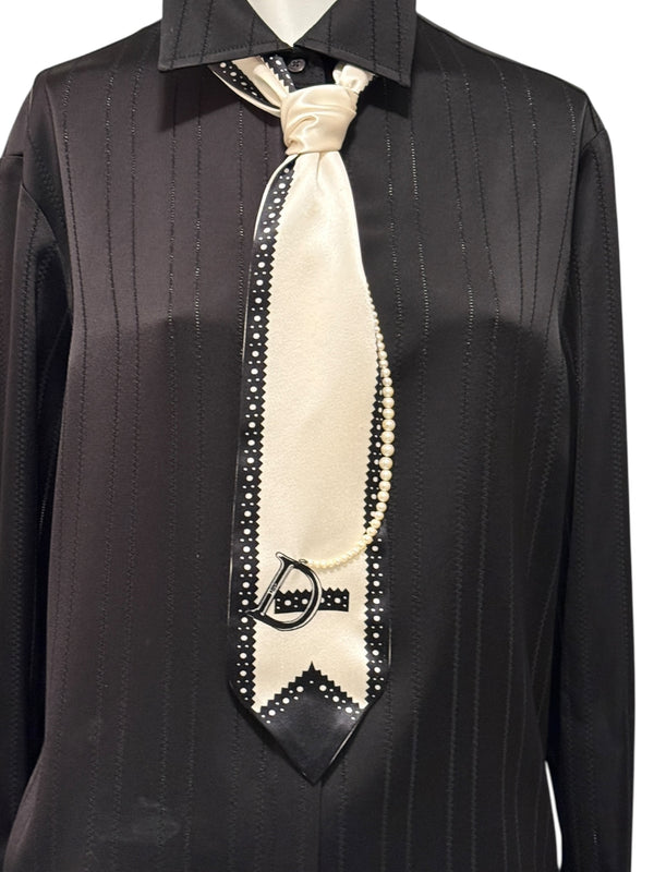 Christian Dior Ivory & Black Silk Pearl-Embellished Scarf