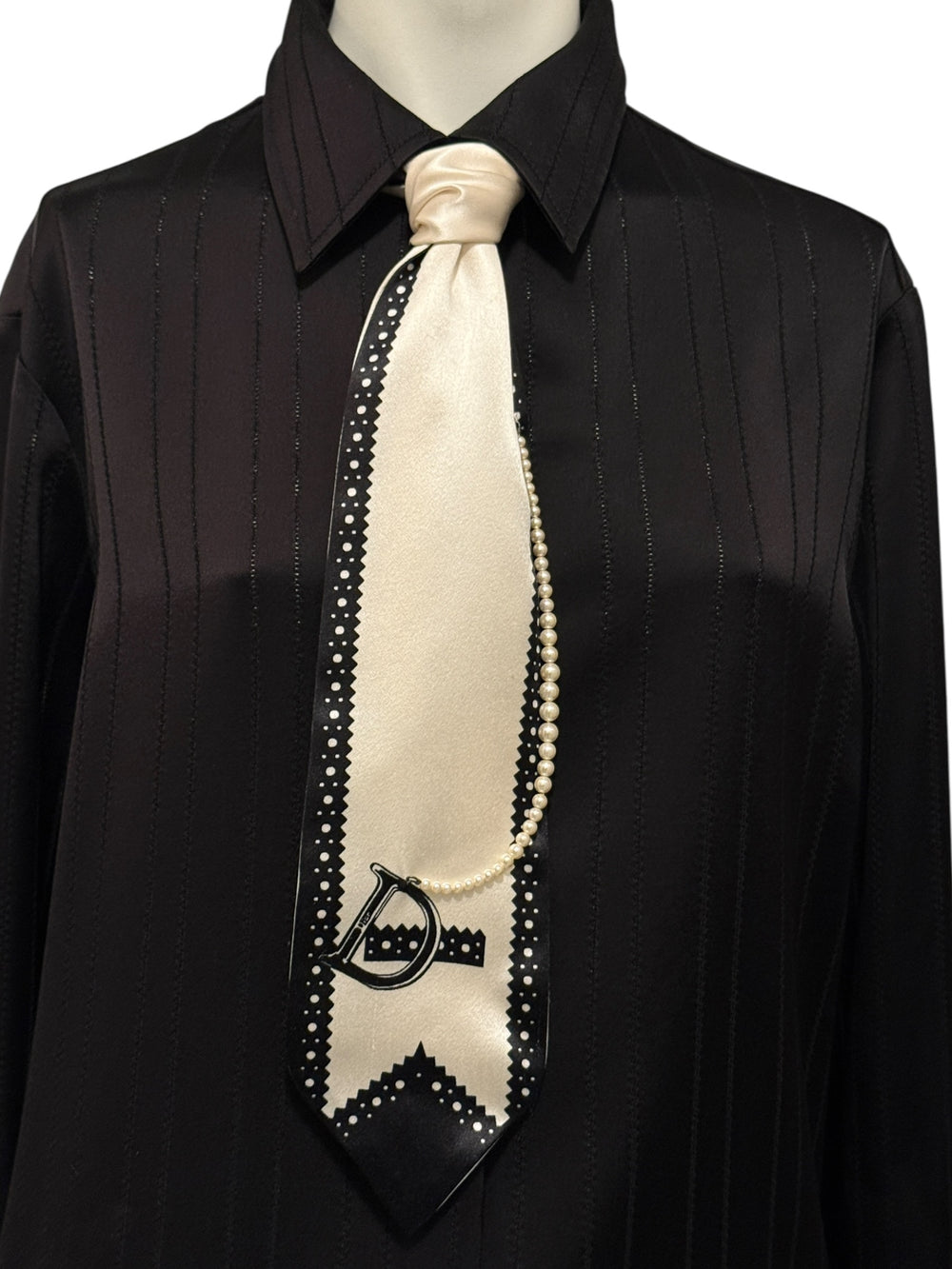 Christian Dior Ivory & Black Silk Pearl-Embellished Scarf