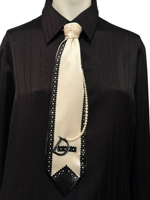Christian Dior Ivory & Black Silk Pearl-Embellished Scarf