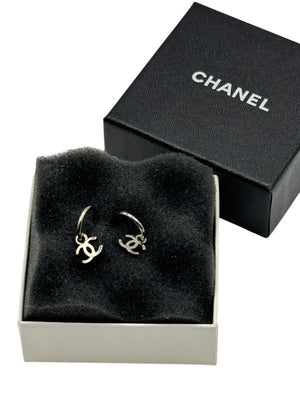 Chanel Vintage Silver-Tone Interlocking CC Drop Hoop Earrings