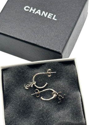 Chanel Vintage Silver-Tone Interlocking CC Drop Hoop Earrings