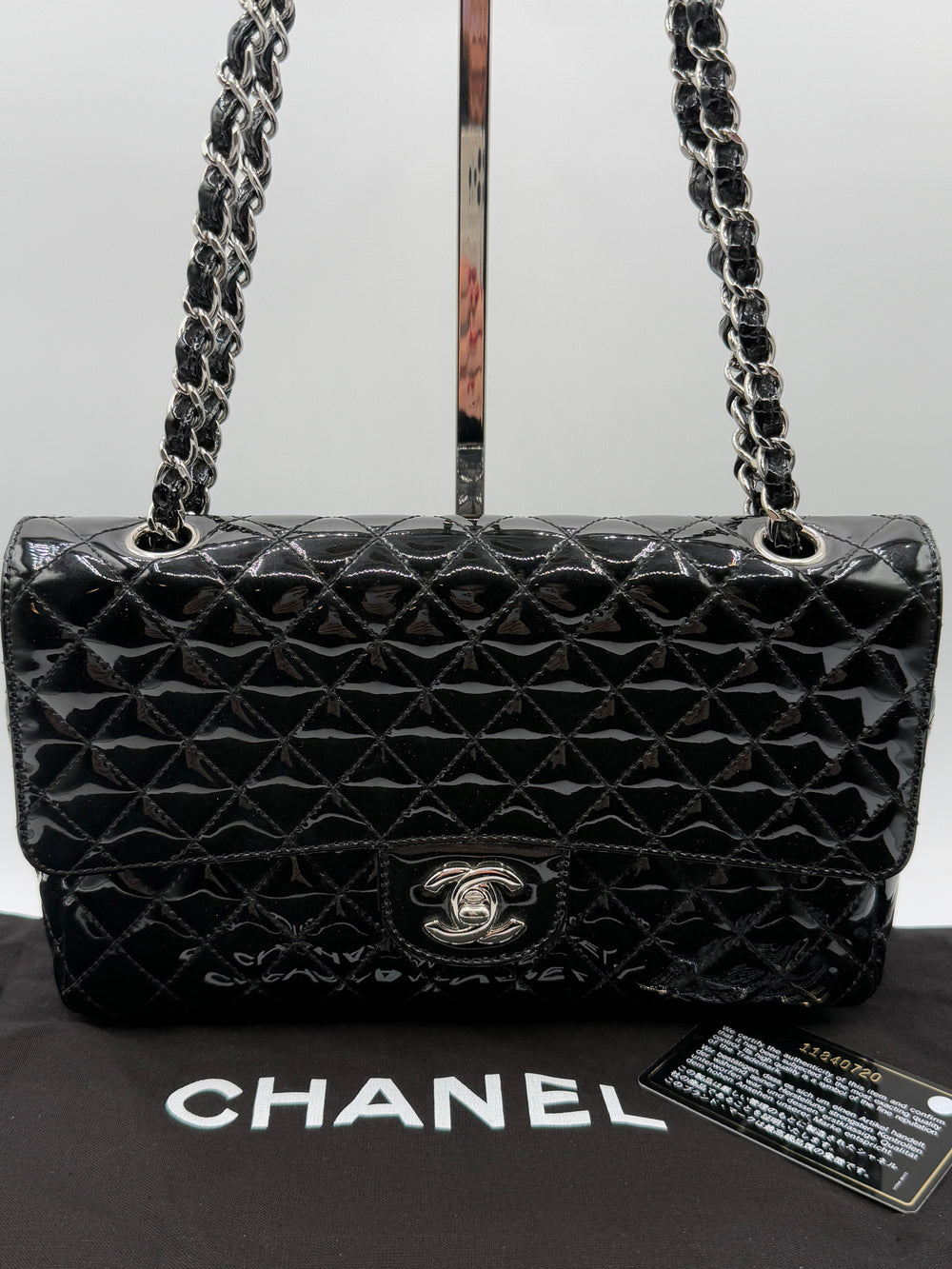 Chanel Black Quilted Patent Leather "Secret Label" Medium Flap Bag