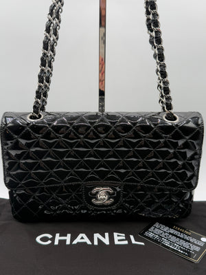 Chanel Black Quilted Patent Leather "Secret Label" Medium Flap Bag