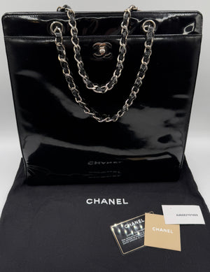Chanel CC Turnlock Patent Tote with Silver Chain/Hardware