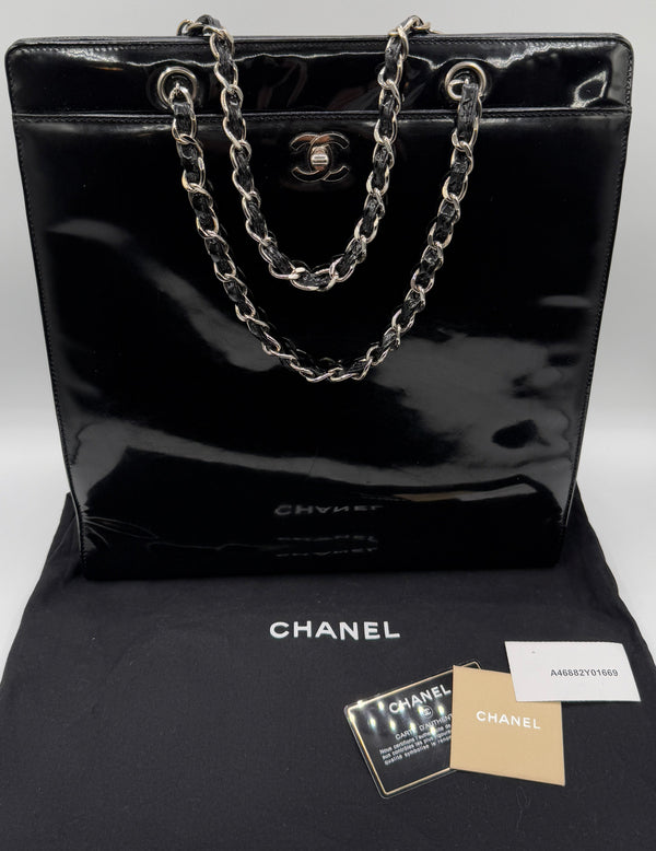Chanel CC Turnlock Patent Tote with Silver Chain/Hardware