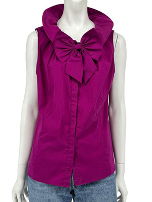 Lafayette 148 New York Sleeveless Cotton Poplin Bow-Collar Blouse – Size 12