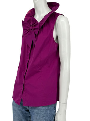 Lafayette 148 New York Sleeveless Cotton Poplin Bow-Collar Blouse – Size 12