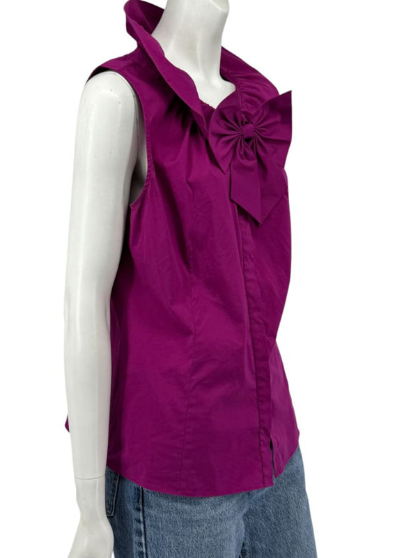 Lafayette 148 New York Sleeveless Cotton Poplin Bow-Collar Blouse – Size 12